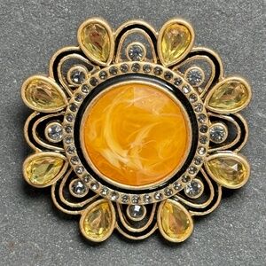 LIA SOPHIA "Windsor" Yellow Cabochon Brooch Sparkling Rhinestones Gold